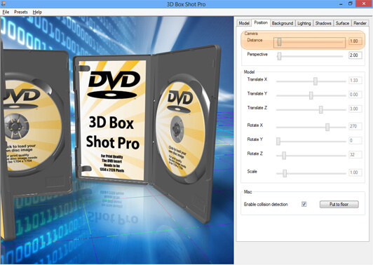 ScreenShot showing the distance controls in 3D Box Shot Pro